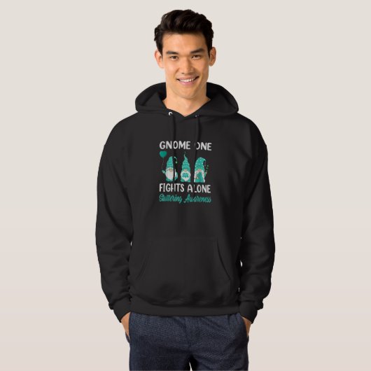 Gnome One Fights Alone Teal Ribbon Stuttering Awar Hoodie (Voorkant volledig)