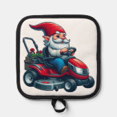 Gnome op rijdende grasmaaier met bloemenmand pannenlap (Voorkant)