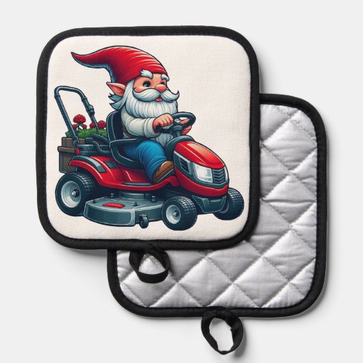 Gnome op rijdende grasmaaier met bloemenmand pannenlap (Voorkant / Achterkant)