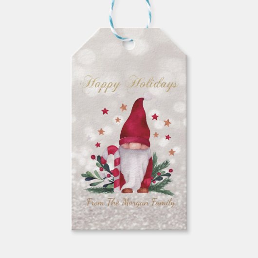 Gnome, Pine Tree Branches, Stars, Snoep Glitter Bo Cadeaulabel (Voorkant)