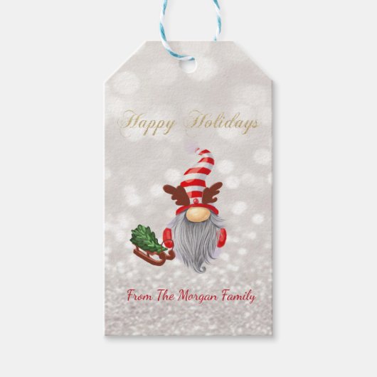 Gnome,Pine Tree Sleigh Glitter Bokeh Cadeaulabel (Voorkant)