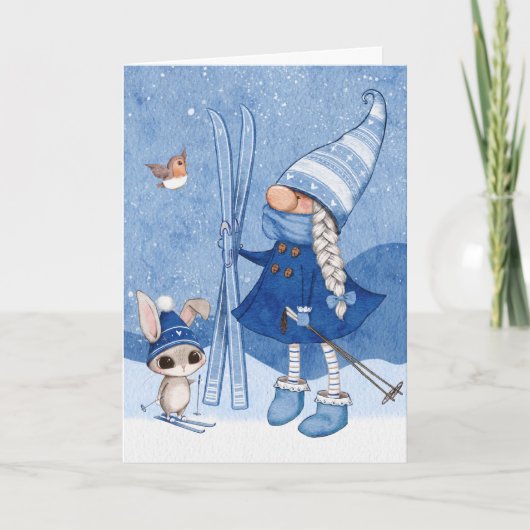 Gnome Rabbit Skiing Kerstmis Kaart (Voorkant)