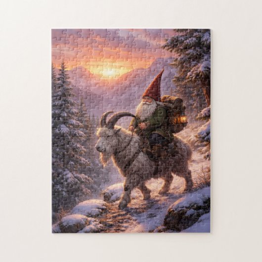 Gnome riding mountain goat legpuzzel (Verticaal)