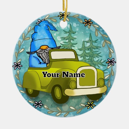 Gnome rijdende auto keramisch ornament (Voorkant)
