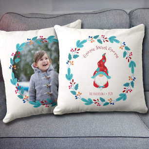 Gnome Sweet Gnome Cute Elf Floral Wreatfoto Kussen