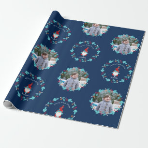 Gnome Sweet Gnome Floral met aangepaste foto Blauw Cadeaupapier