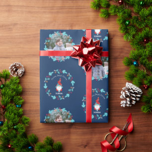 Gnome Sweet Gnome Floral WreatBlue Custom Photo Cadeaupapier