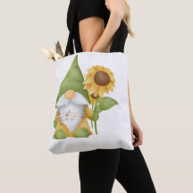 Gnome tenant un tournesol et notes sur un sac four