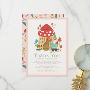 Gnome Tuin Paddestoel Roze Meisje Baby shower Bedankkaart