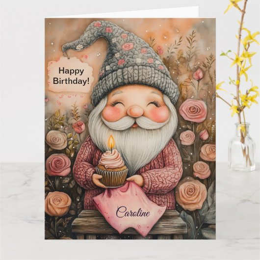 Gnome Verjaardag Ontwerp Kaart (Gele Bloem)