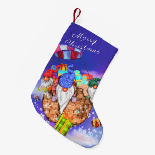Gnomen in ballon geeft cadeaus Kerstmis kous Kleine Kerstsok