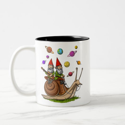 Gnomen Riding Snail Tweekleurige Koffiemok (Links)