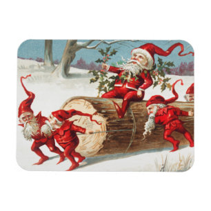 Gnomes dragging a cut tree trunk through the snow magneet