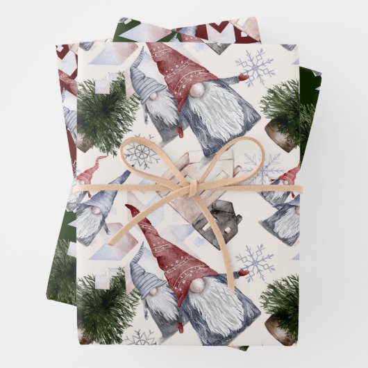 Gnomes Snowflakes Festive Nordic Kerstmis Pattern Inpakpapier Vel (In situ)