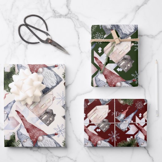 Gnomes Snowflakes Festive Nordic Kerstmis Pattern Inpakpapier Vel (Voorkant)