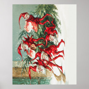 Gnomes sweeping snow with a broom poster