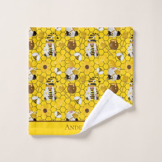 Gnomes Yellow Sunflower Bees Honey Monogrammed Bad Handdoek (Wasdoekje)