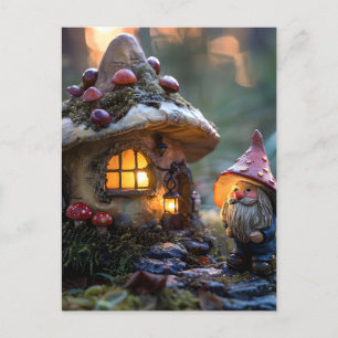Gnoom en een paddenstoel huis, fantasie ontwerp briefkaart