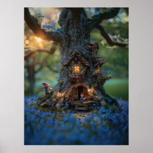 Gnoom huis in een boom omgeven door bluebells poster