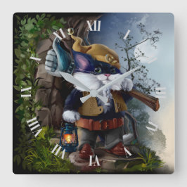 Gnoome kat met mouwhamer en lamp werkt vierkante klok