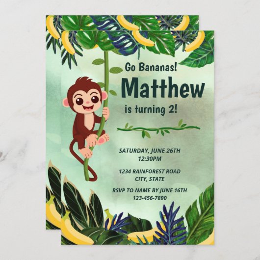 Go Bananas Singe Invitation d'anniversaire (Devant / Derrière)