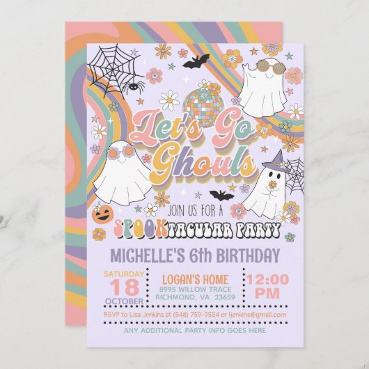 Go Ghouls Invitation d'anniversaire - Fille pourpr (Devant / Derrière)