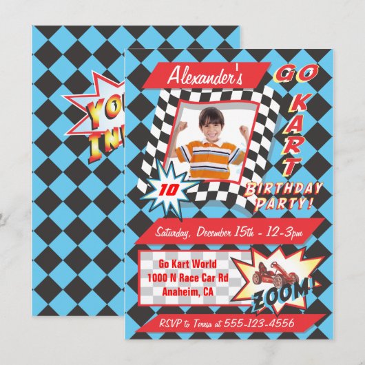Go Kart Anniversaire Photo Insérer Invitations (Devant / Derrière)
