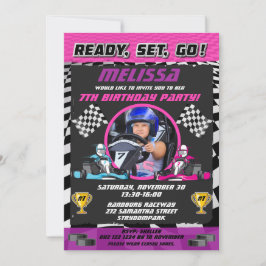 Go Kart Racing Auto Meisjes Foto Verjaardagsfeest Kaart