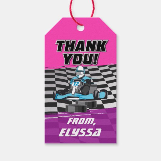 Go Kart Racing Auto Meisjes Verjaardagsfeest Cadeaulabel (Voorkant)