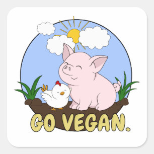 Go Vegan - Cute Pig en Chicken Vierkante Sticker