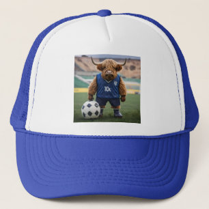 Goal-Getter: Een Highland Koe gekleed voor voetbal Trucker Pet