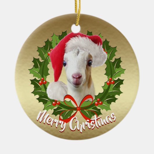 GOAT LaMancha Kind Santa Hat kerstversiering Keramisch Ornament (Voorkant)