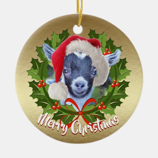 GOAT Pygmy Kind Santa Hat kerstversiering Keramisch Ornament (Voorkant)