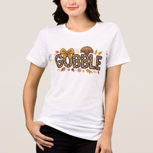 Gobble Turkije Thanksgiving Coquette Bow Leopard Tri-Blend Shirt (Voorkant)