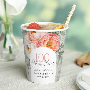 Gobelets En Papier 100 Ans Feminine Floral Aimé 100e Anniversaire