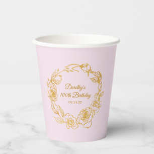 Gobelets En Papier 100e fête d'anniversaire Luxe Gold Rose rose