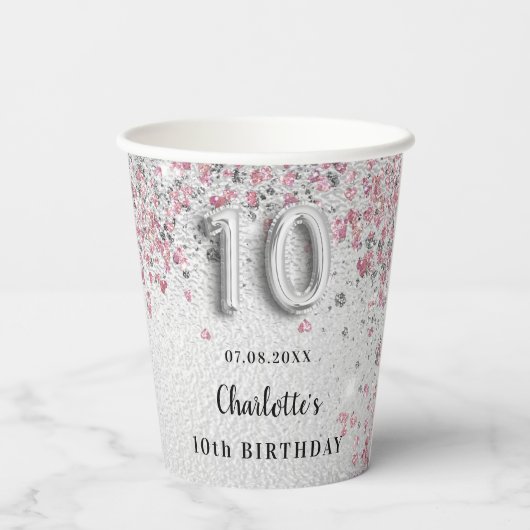 Gobelets En Papier 10e anniversaire argent rose parties scintillant m (Verso)
