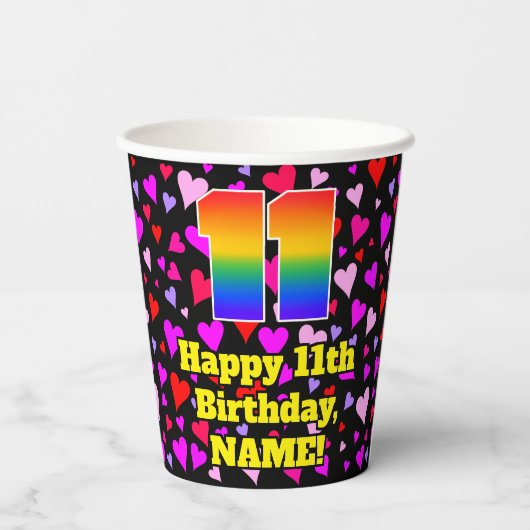 Gobelets En Papier 11th Birthday: Loving Hearts Pattern, Rainbow 11 (Verso)