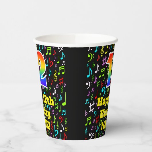 Gobelets En Papier 12e anniversaire : Fun Music Notes Motif, Rainbow (Gauche)