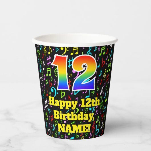 Gobelets En Papier 12e anniversaire : Fun Music Notes Motif, Rainbow  (Recto)