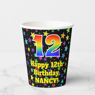 Gobelets En Papier 12e anniversaire : Fun Stars Motif et Rainbow 12