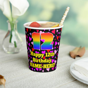 Gobelets En Papier 12e Birthday: Patters de Loving Hearts, Rainbow 12