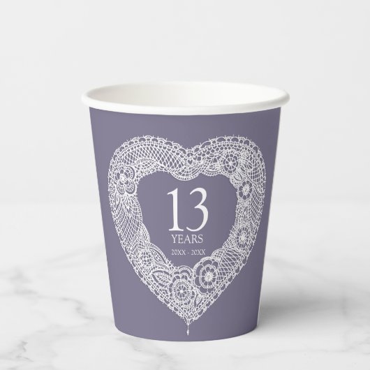 Gobelets En Papier 13e Mariage dentelle anniversaire coeur photo gris (Verso)