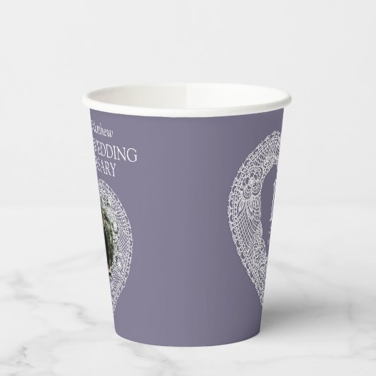Gobelets En Papier 13e Mariage dentelle anniversaire coeur photo gris (Gauche)