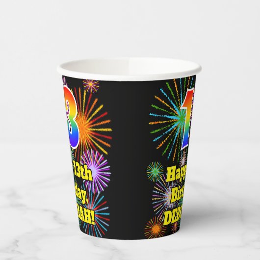 Gobelets En Papier 13ème anniversaire : Fun Fireworks Motif + Rainbow (Gauche)