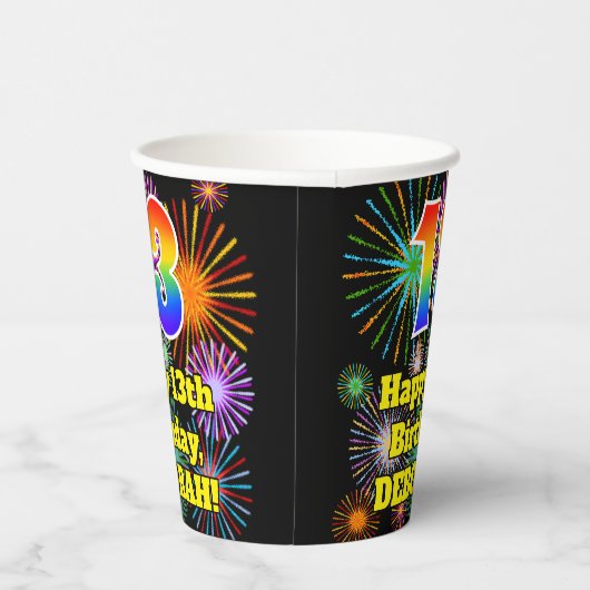 Gobelets En Papier 13ème anniversaire : Fun Fireworks Motif + Rainbow (Droite)