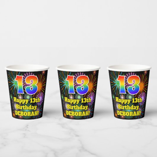 Gobelets En Papier 13ème anniversaire : Fun Fireworks Motif + Rainbow (Multi)