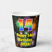 Gobelets En Papier 14ème anniversaire : Fun Fireworks Motif + Rainbow (Recto)