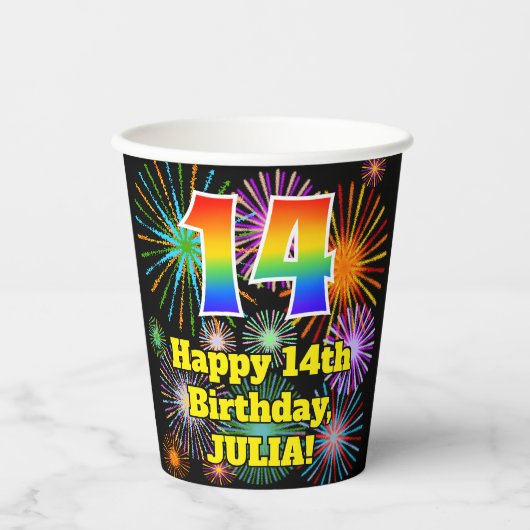 Gobelets En Papier 14ème anniversaire : Fun Fireworks Motif + Rainbow (Recto)