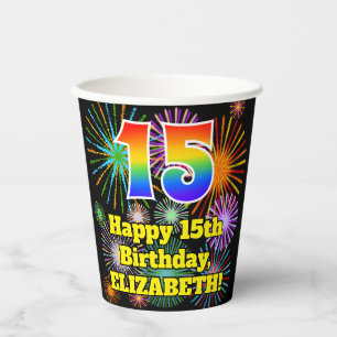 Gobelets En Papier 15e anniversaire : Fun Motif feux d'artifice + Arc